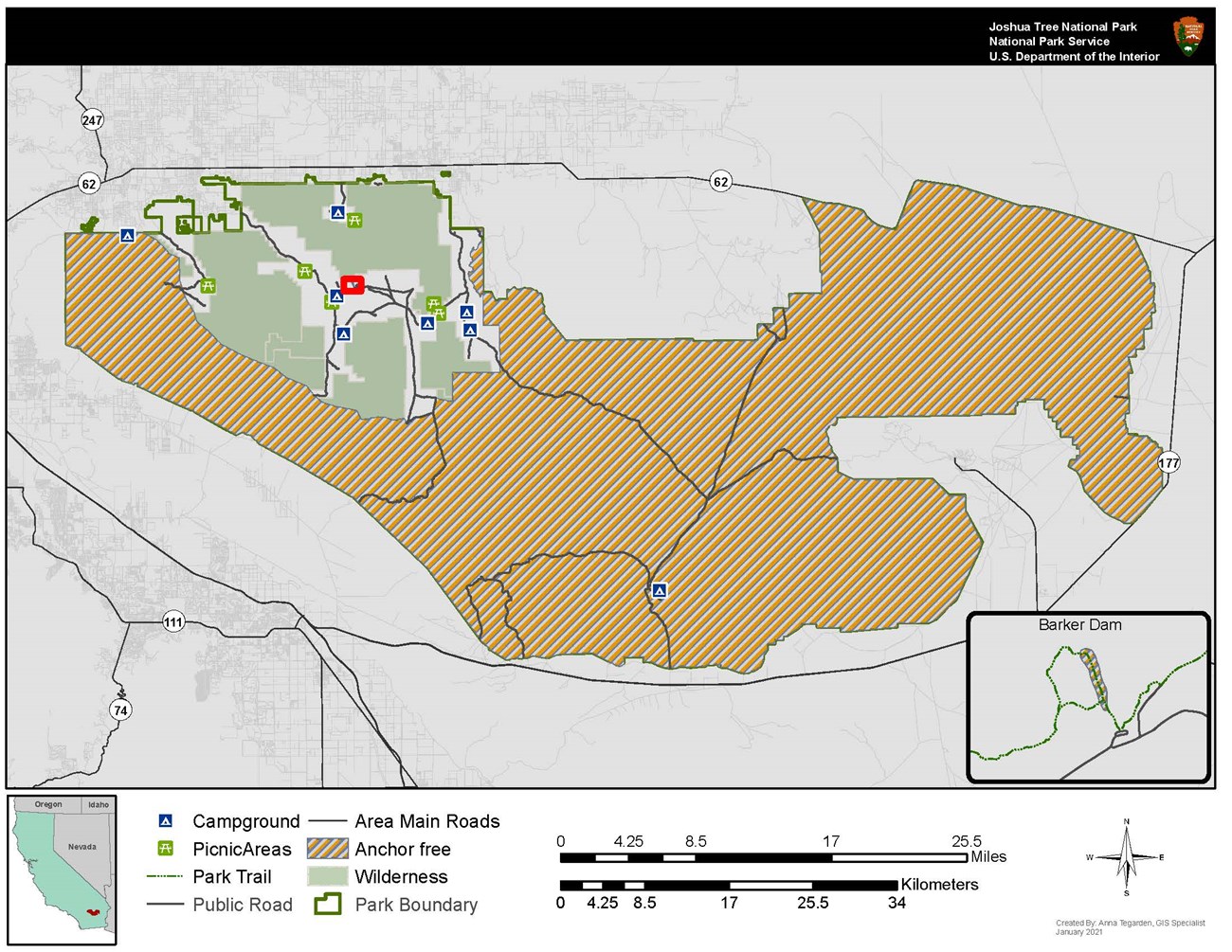 A map showing the anchor free zones in Joshua Tree National Park and the wilderness areas in the anchor zone. Most of the park is an anchor free zone. Anchor free areas include the entire east half and south half of the park and a section in the west side