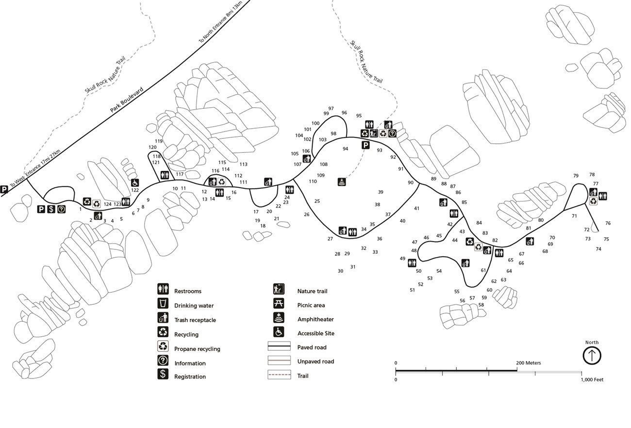Black and white campground map. North is oriented to the top of the map. The campground is made of one long road with a few loops coming off of it.