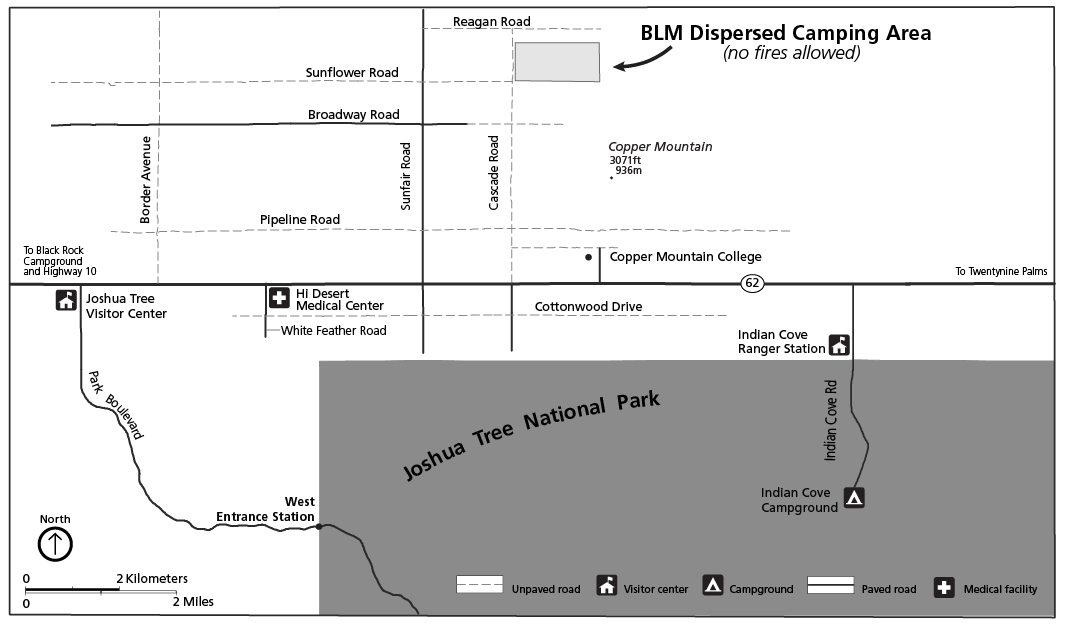 Black and white map showing small BLM dispersed camping area north of the park at the intersections of Sunflower and Cascade roads.