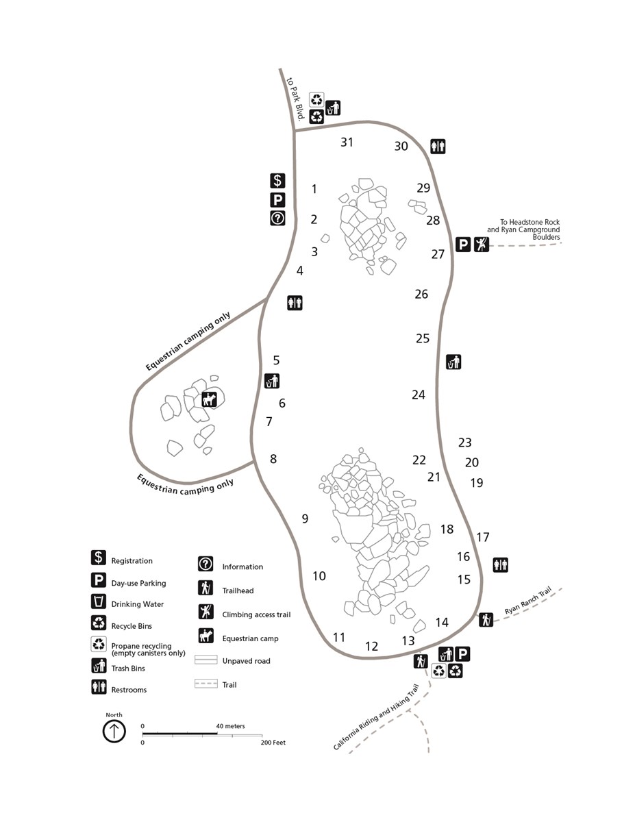Black and white campground map. Map is oriented with north to the top of the page. The campground is made of one large loop with a small horse campground spur loop.