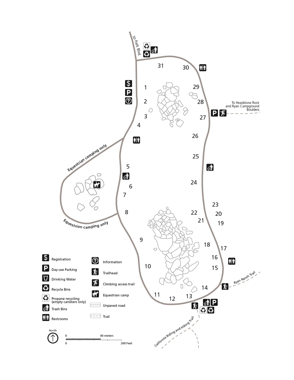 Ryan map Black and white campground map. Map is oriented with north to the top of the page. The campground is made of one large loop with a small horse campground spur loop.