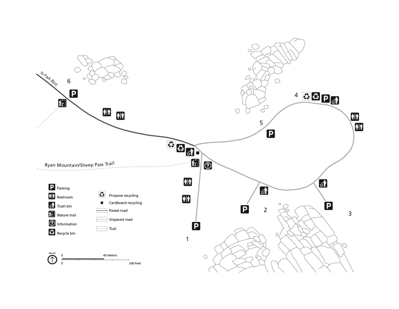 Sheep Pass Group Campground map Black and White campground map. North is oriented to the top of the page. The campground is made up of one loop.