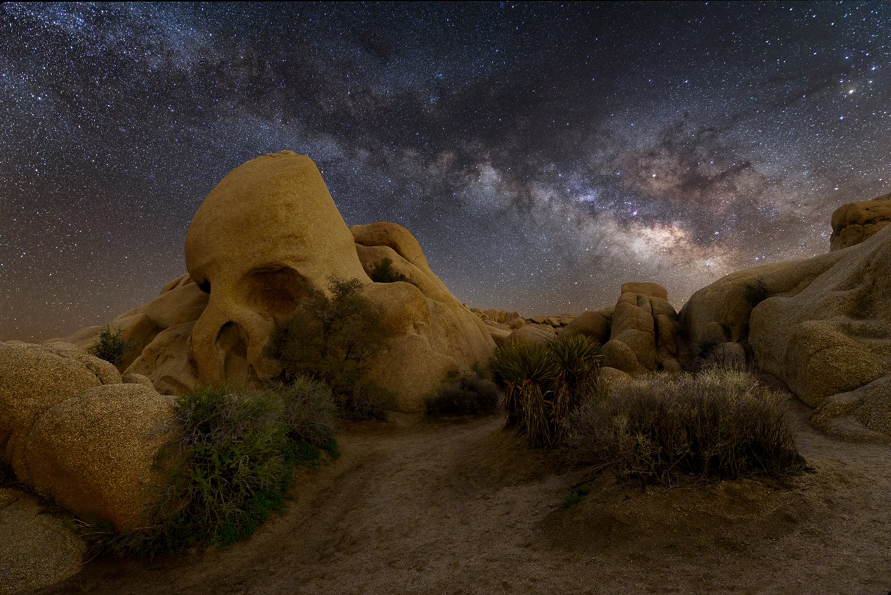 A nighttime photo of a rock resembling a skull with the milky way illuminated in the background