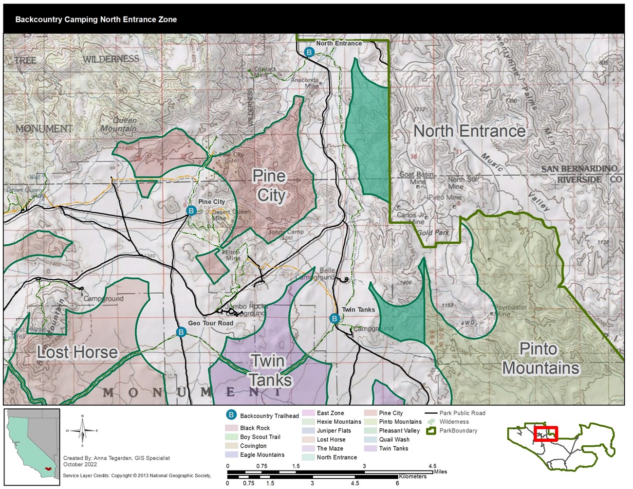 A map of backcountry camping in the North Entrance Zone