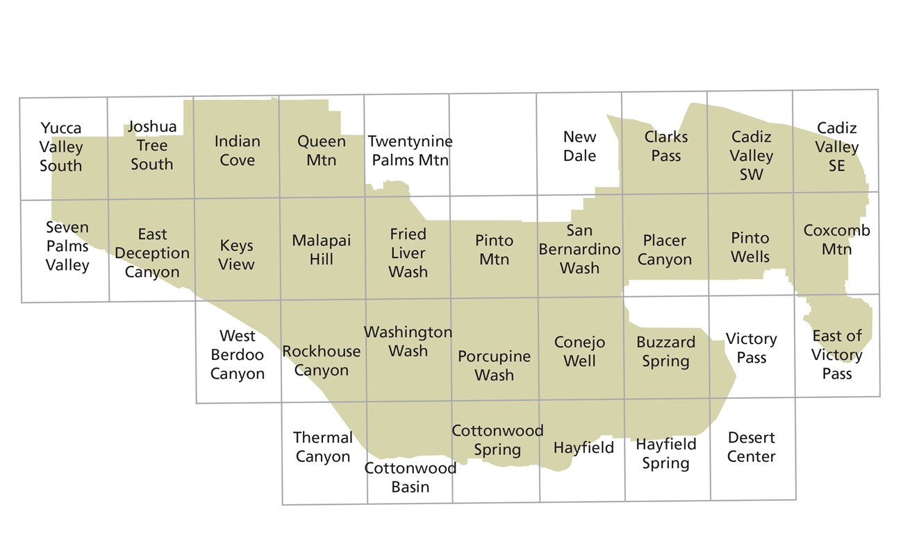 Outline of Joshua Tree National Park split into quadrants corresponding with the map plots of the park. The list below corresponds to each quadrant, top left to bottom right.