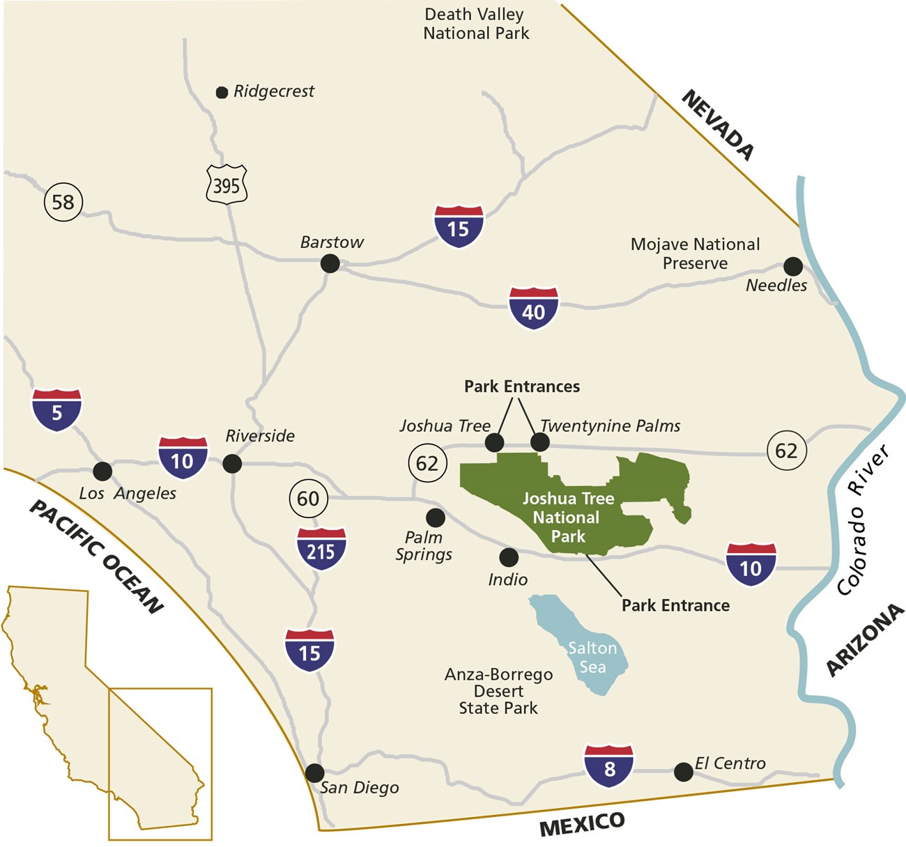 Color map of Joshua Tree National Park in location in Southern California. Major interstates are shown.