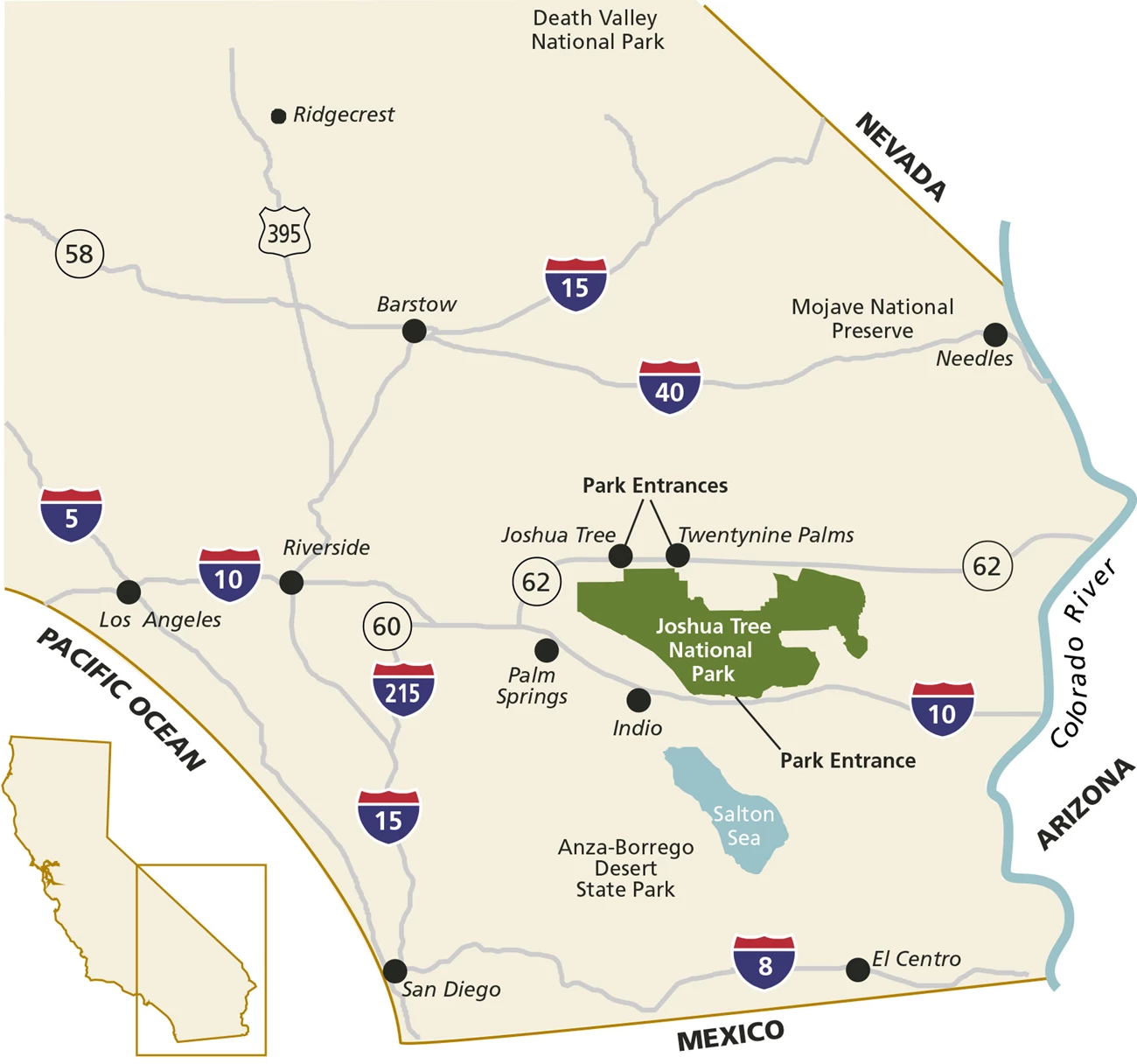 Area map Color map of Joshua Tree National Park in location in Southern California. Major interstates are shown.