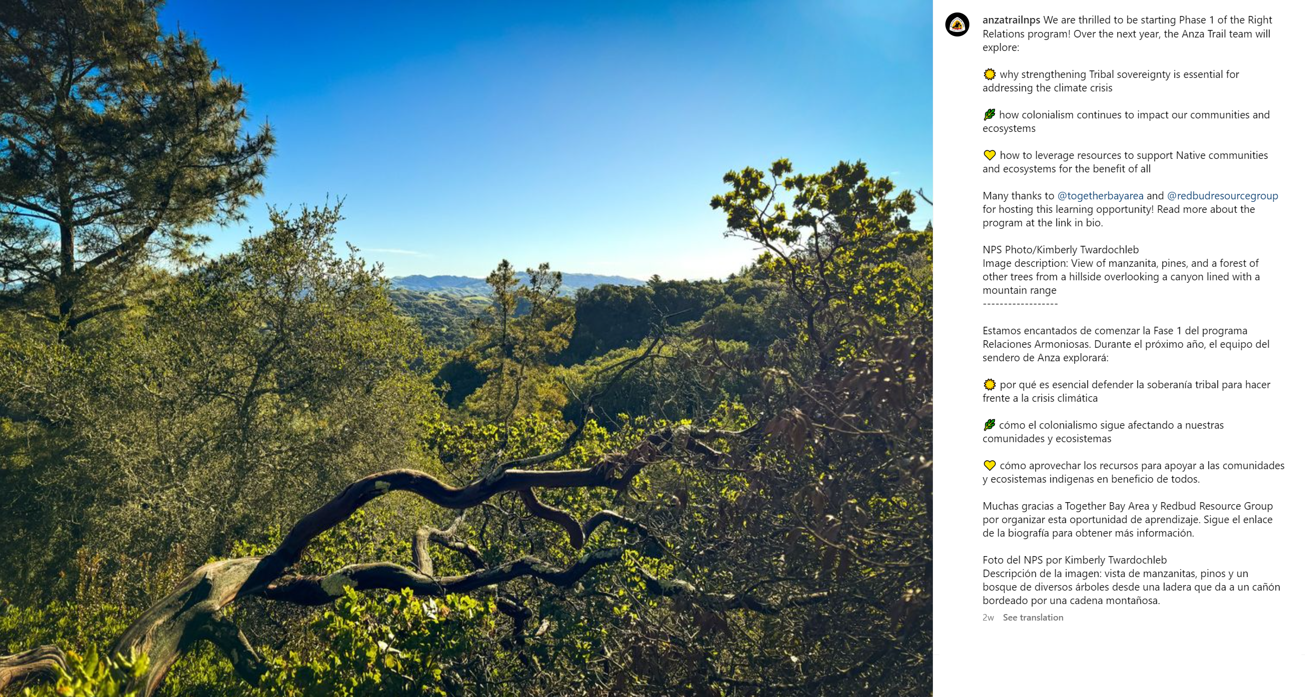 A screenshot of an Instagram post showing a photo of a manzanita next to descriptive text