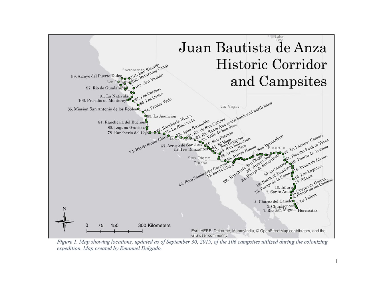 Map of Juan Bautista de Anza Historic Corridor and Campsites
