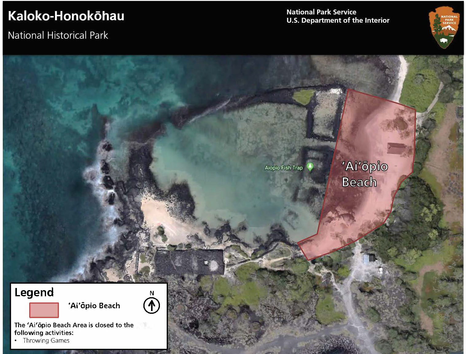 A map of the ʻAiʻōpio Beach Area with restrictions list. Full Alt text available below the image