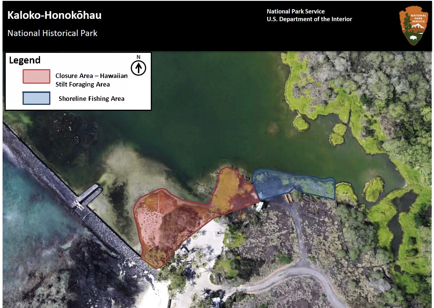 Map of the Hawaiian Stilt Foraging Area Closure on Kaloko Pond. Full alt text available below image