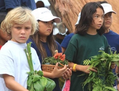 Children presenting Ho'okupu (Gifts) at annual Hawaiian Cultural Festival.