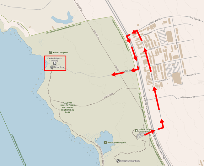 Map with directions to Kaloko Fishpond from the Visitor Center