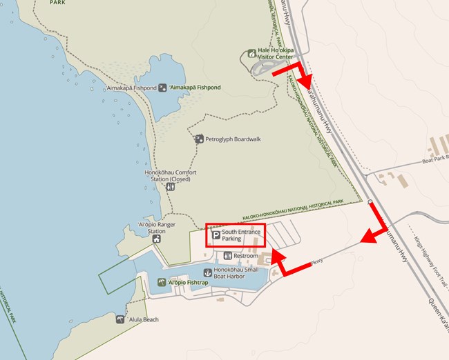 Map showing the directions to get from Hale Hoʻokipa to the park's South Entrance