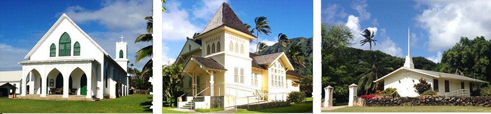 A collage of three church buildings in a row, all are light-colored with steeples.