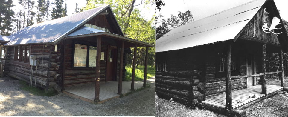 color picture taken in the present time of a log structure with porch next to a black and white image of the same log structure in 1950