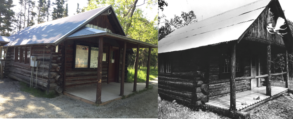 Visitor Center 1991 – present (left). First hard-sided ranger station 1950-1990 (right) color picture taken in the present time of a log structure with porch next to a black and white image of the same log structure in 1950