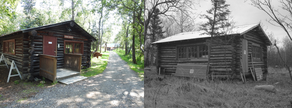 Left, log structure used as current day ranger station. Right, same structure used as boathouse prior to 1990 