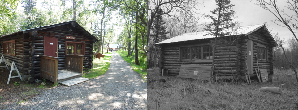Left, log structure used as current day ranger station. Right, same structure used as boathouse prior to 1990 Left, log structure used as current day ranger station. Right, same structure used as boathouse prior to 1990