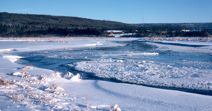 Mouth of the Brooks River in winter. The buildings in the background are Brooks Lodge.