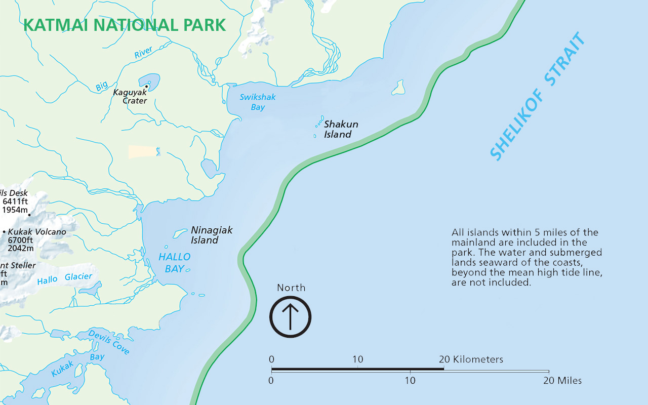 Map of Hallo Bay and Swikshak Bay along Katmai's coast.