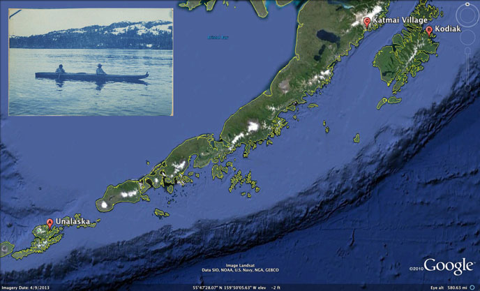 Google Earth image of Alaska Peninsula with inset of men in a kayak.