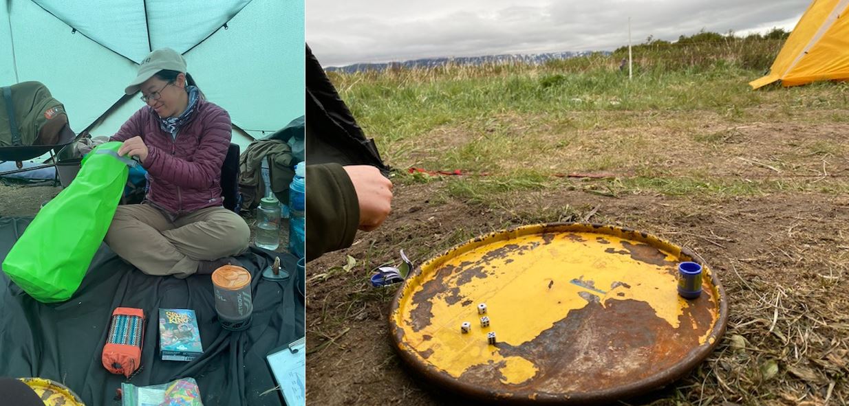 Two pictures, one of a person pulling games out of a bag and another of dice on the lid of a bear barrel