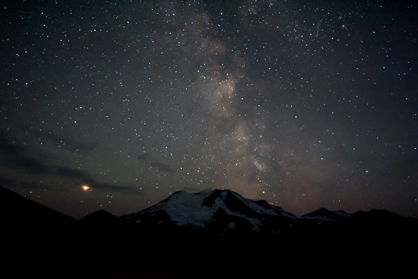 Mars and the Milky Way over a snow covered mountain