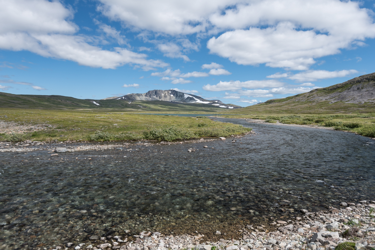 A stream with mountains in the distance