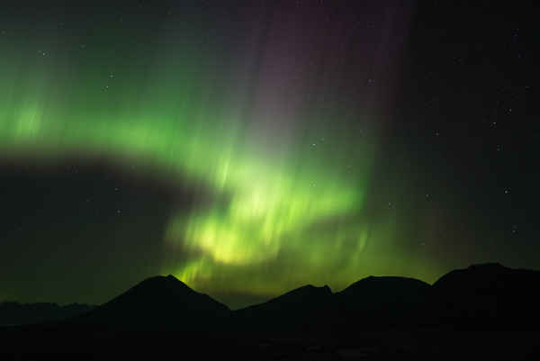 Green and purple aurora lights over mountain silhouettes