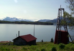 Roy Fure's cabin and windmill on Naknek Lake, built in 1926.