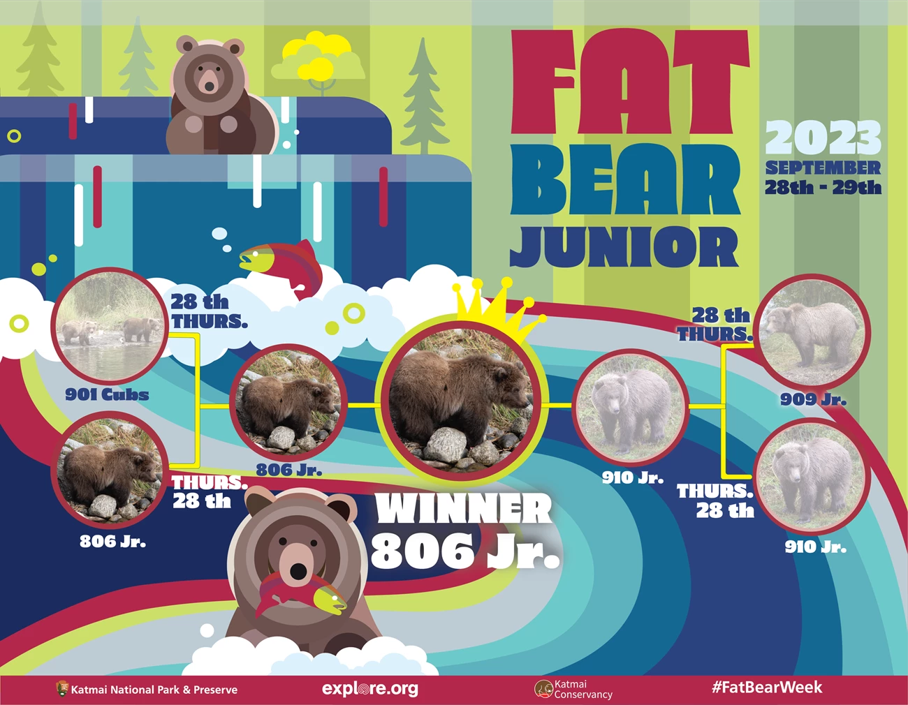Congratulations 806's spring cub in becoming the new 2023 Fat Bear Junior Champion! The Fat Bear Junior 2023 bracket updated to show 806's spring cub as the winner!