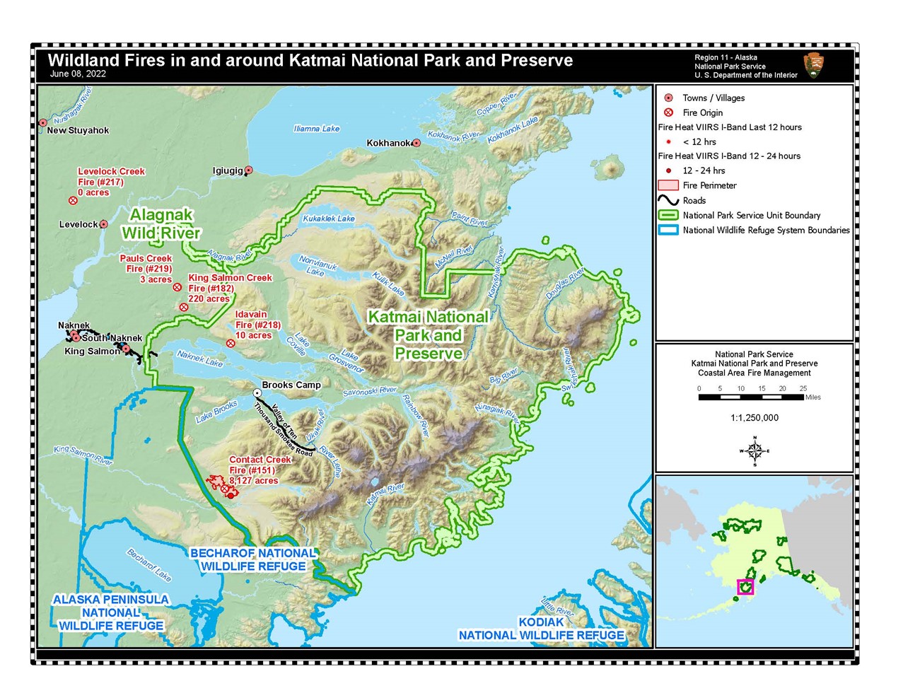 Fires in and around Katmai NP&P as of 6/8/2022 Map of Katmai that shows fire locations in and around the park