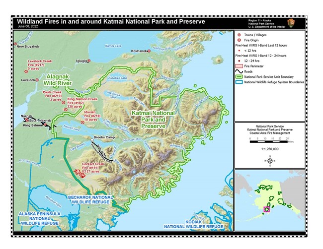 map of Katmai that shows fire locations in and around the park