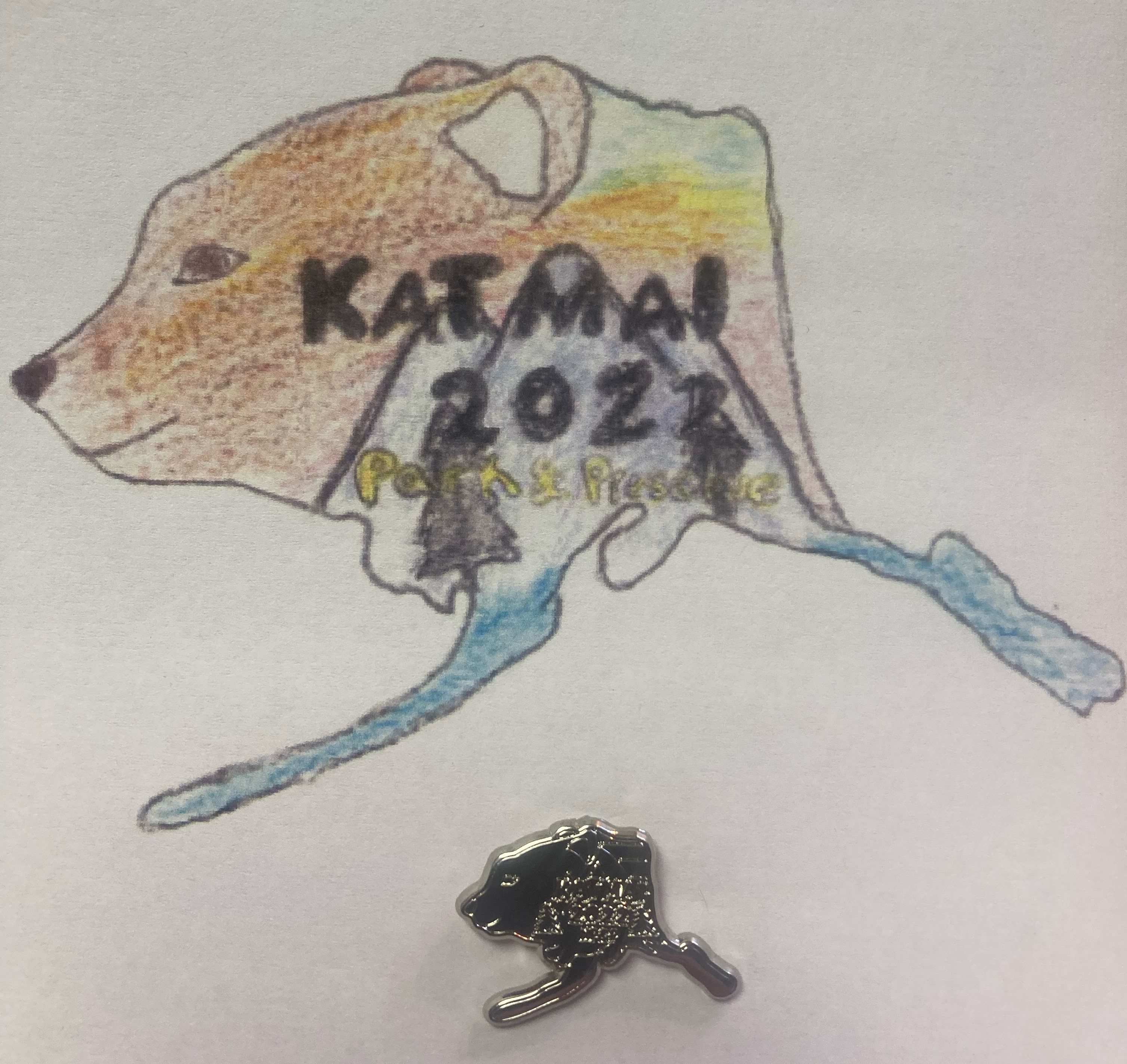 2022 bear pin crop Drawing of the outline of Alaska made to look like a bear head with a sliver pin version of the drawing beneath.