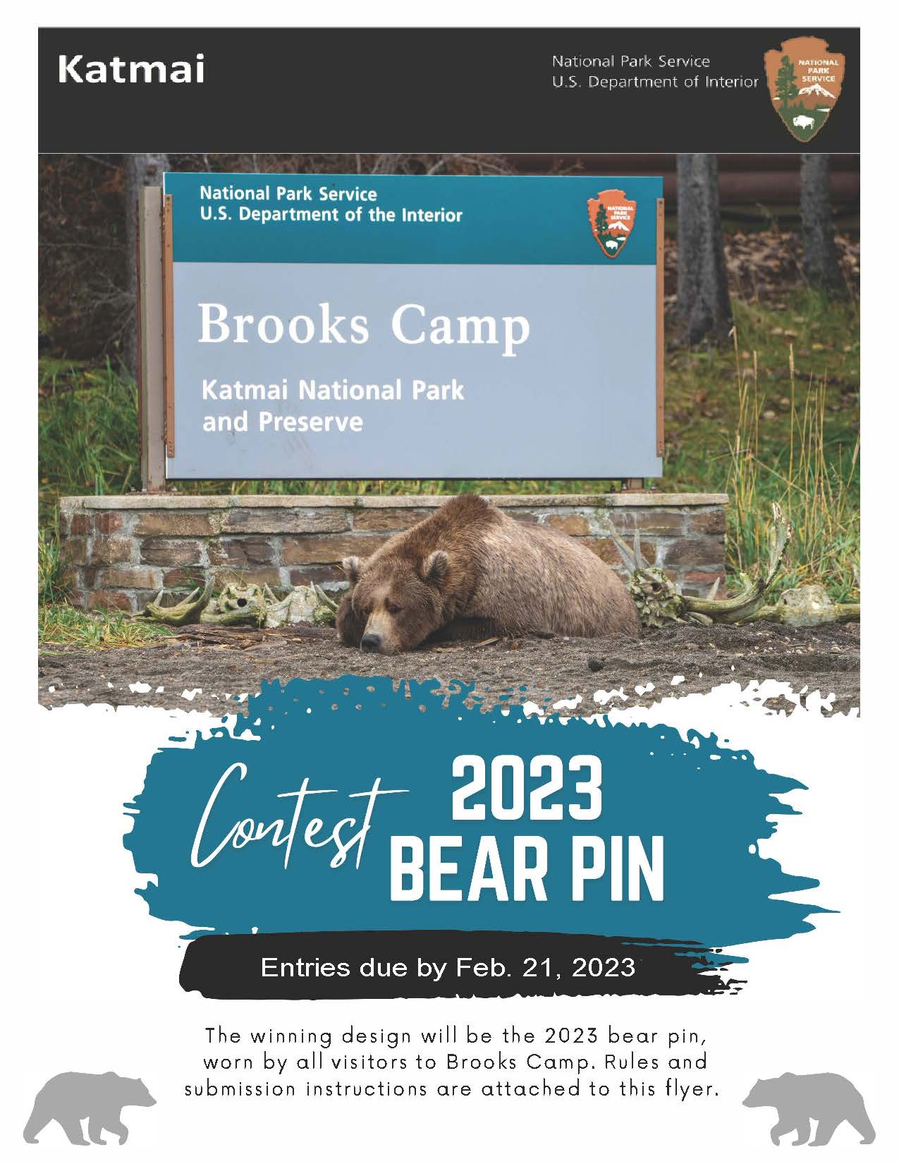 Bear Pin Contest Flyer 2023 A color flyer with an image of a bear sleeping below a sign that says Brooks Camp with the headline 2023 Bear Pin Contest