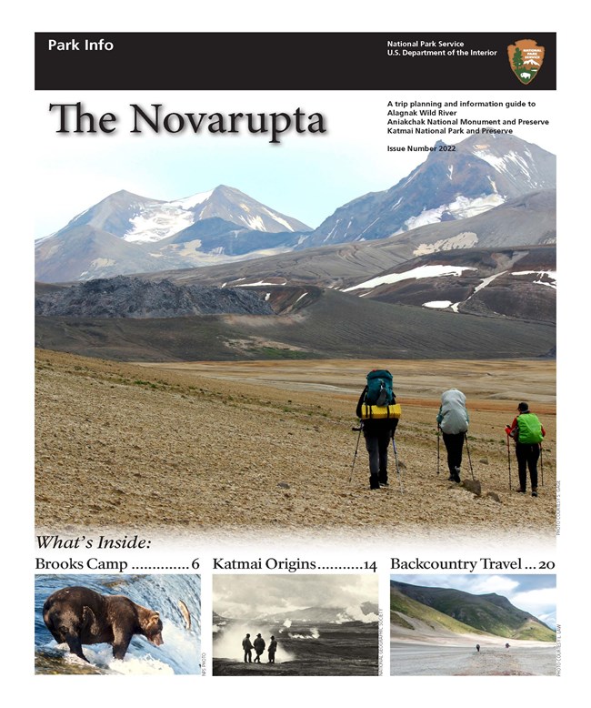 Cover of Novarupta Guide 2022 with picture of three backpackers walking in a valley