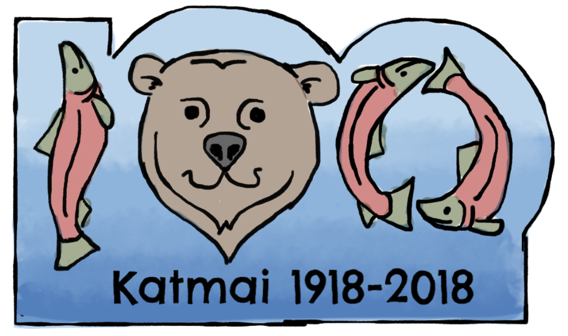 drawing of salmon and bears representing the number "100", with text reading Katmai 1918-2018