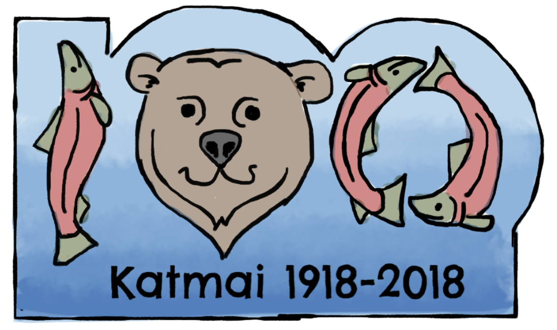 Katmai 2018 bear pin design drawing of salmon and bears representing the number "100", with text reading Katmai 1918-2018