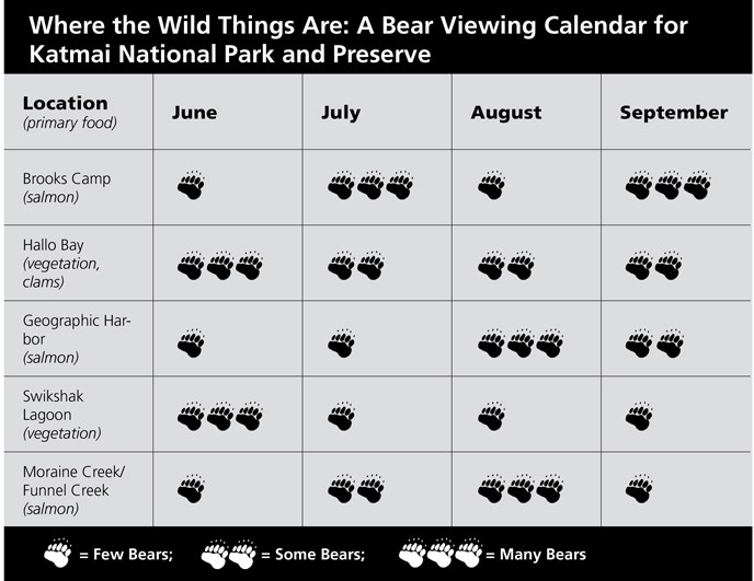 Bear viewing calendar for Katmai. Paws represent the relative number of bears.