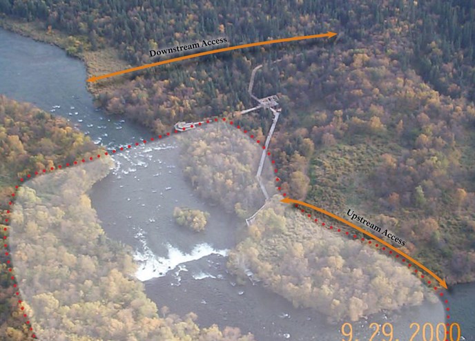 Aerial photo of area near Brooks Falls. Closed area is enclosed in red dots. Orange arrows show location of access routes. Text reads "Upstream Access" and "Downstream Access"