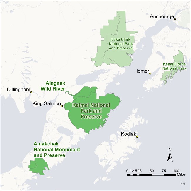A map that shows the relative distance between cities from where many travels to Katmai begin