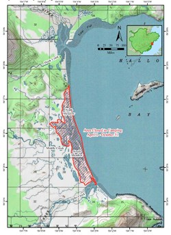 Map of Hallo Bay with the area seasonally closed to camping highlighted in red