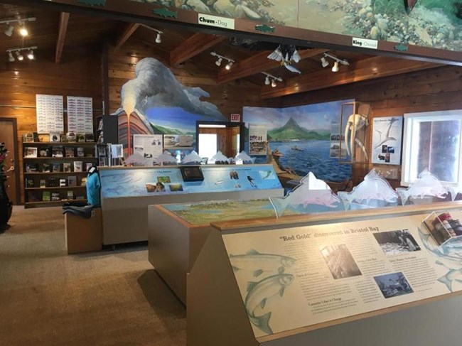 Exhibits displaying cultural and natural resources in a visitor center.