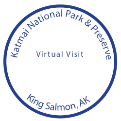 blue text in a blue circle saying, "Katmai National Park & Preserve, Virtual Visit, King Salmon, AK"
