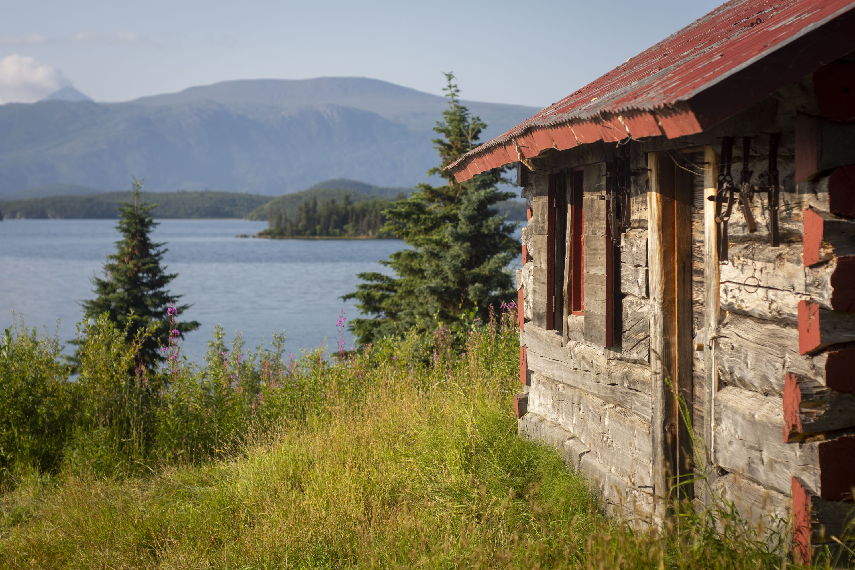 Side view of a wooden cabin looking out into landscape with trees, lake and mountains