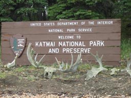Katmai National Park Brooks Camp entrance sign Katmai National Park Brooks Camp entrance sign