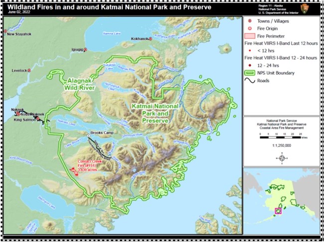 Map of Katmai National Park and Preserve that shows the location of the Contact Creek Fire, 2022