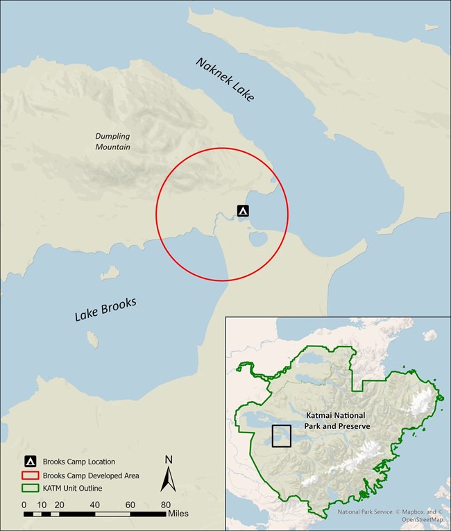 A map showing a red circle, everything outside the red circle is considered backcountry/wilderness camping
