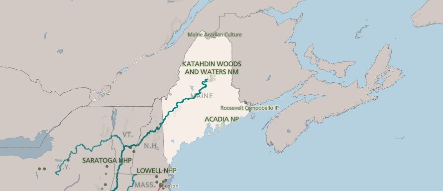 A gray, blue, and green graphic map of the north-east portion of the United States of America. Maine is shown in light grey with names of NPS sites in green.